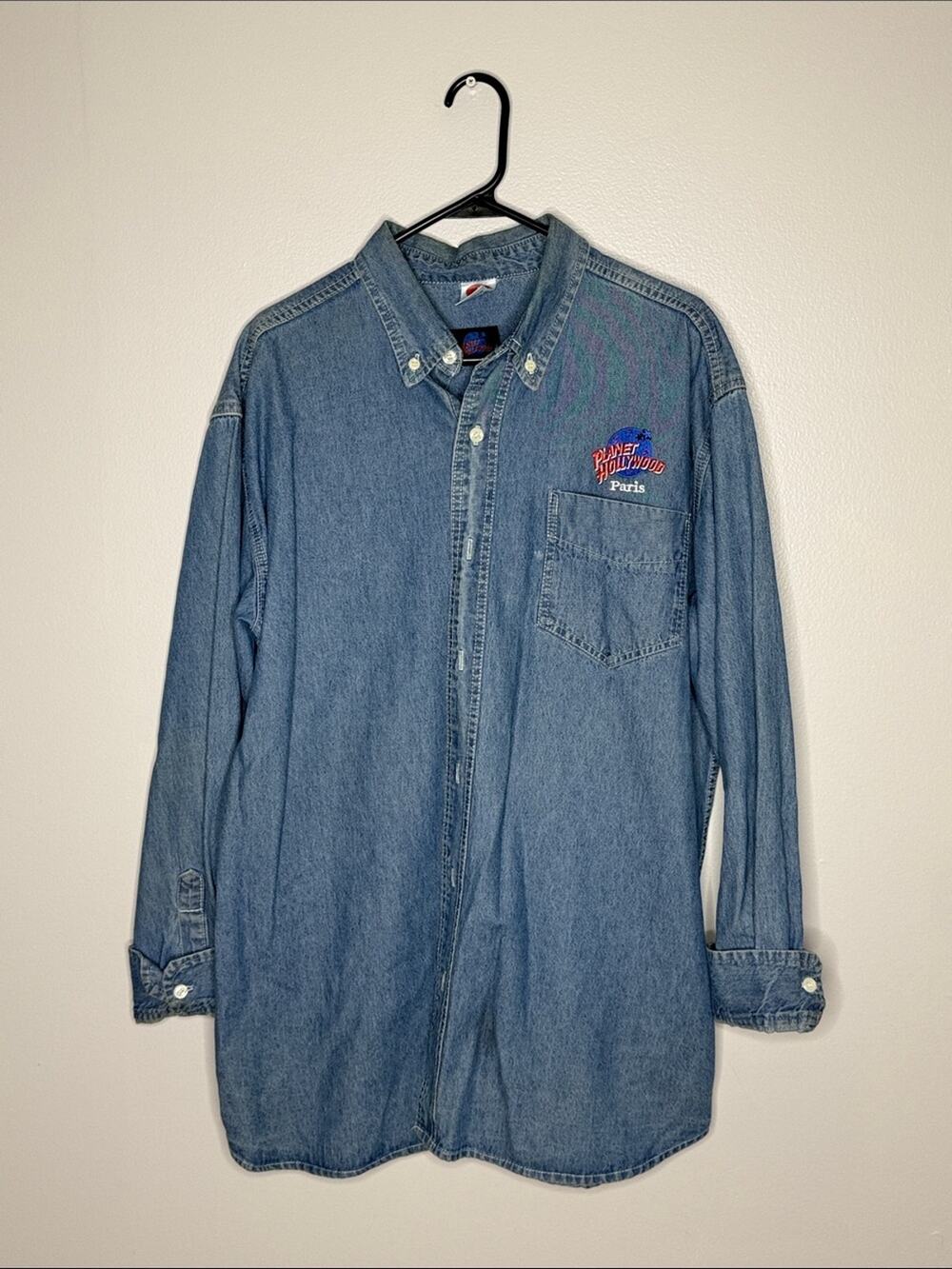 Planet Hollywood Paris Denim Button-Down Shirt with Embroidered Logo Large